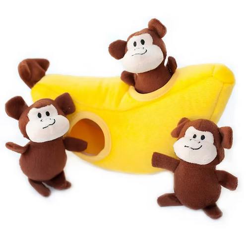 Hondenspeelgoed Zippy Burrow Monkey banaan van BunnyCat & Co met zachte, speelse banaanvorm en vrolijk design voor honden.